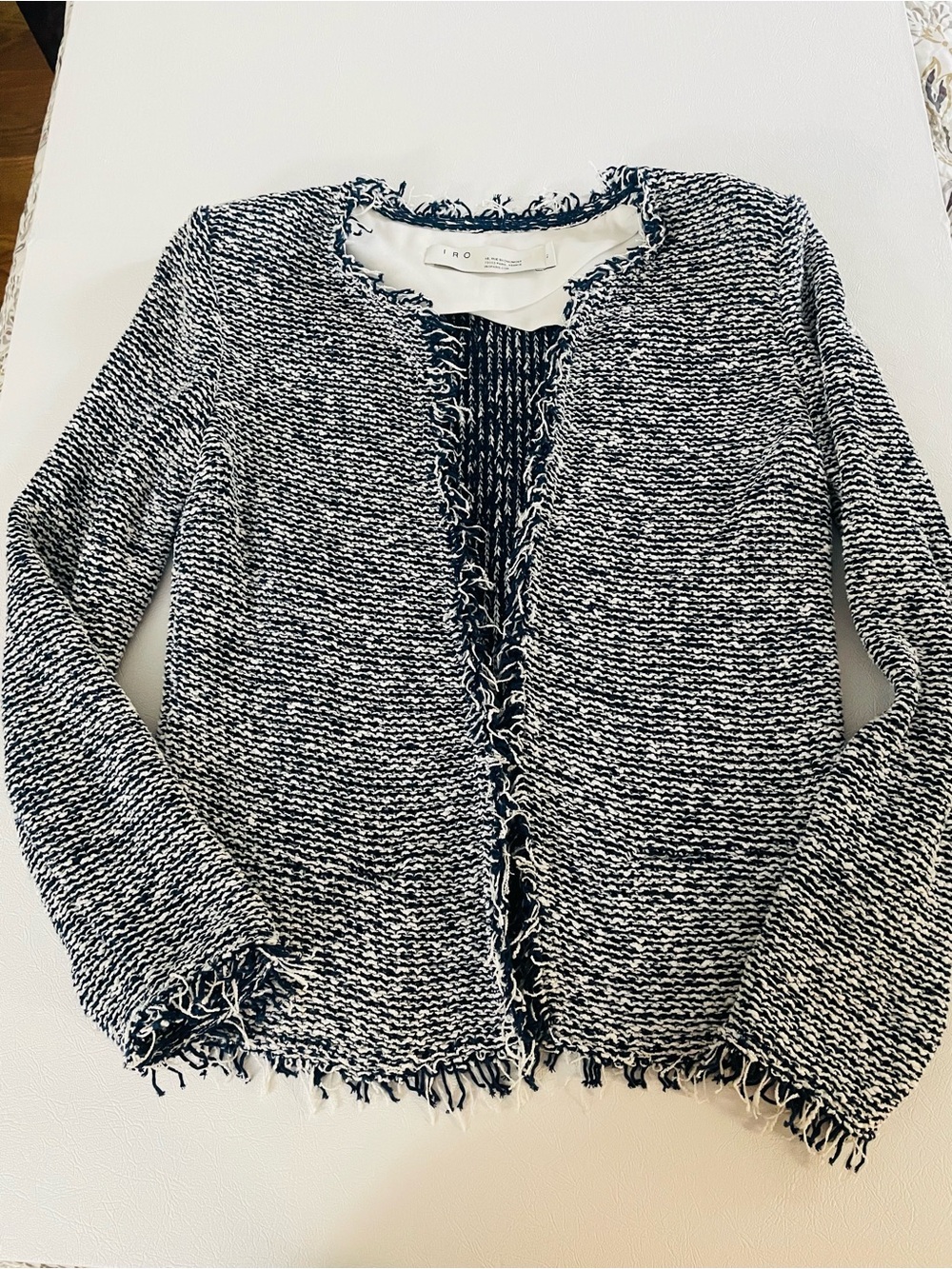 IRO Navy and White Fringe Bouclé Cardigan